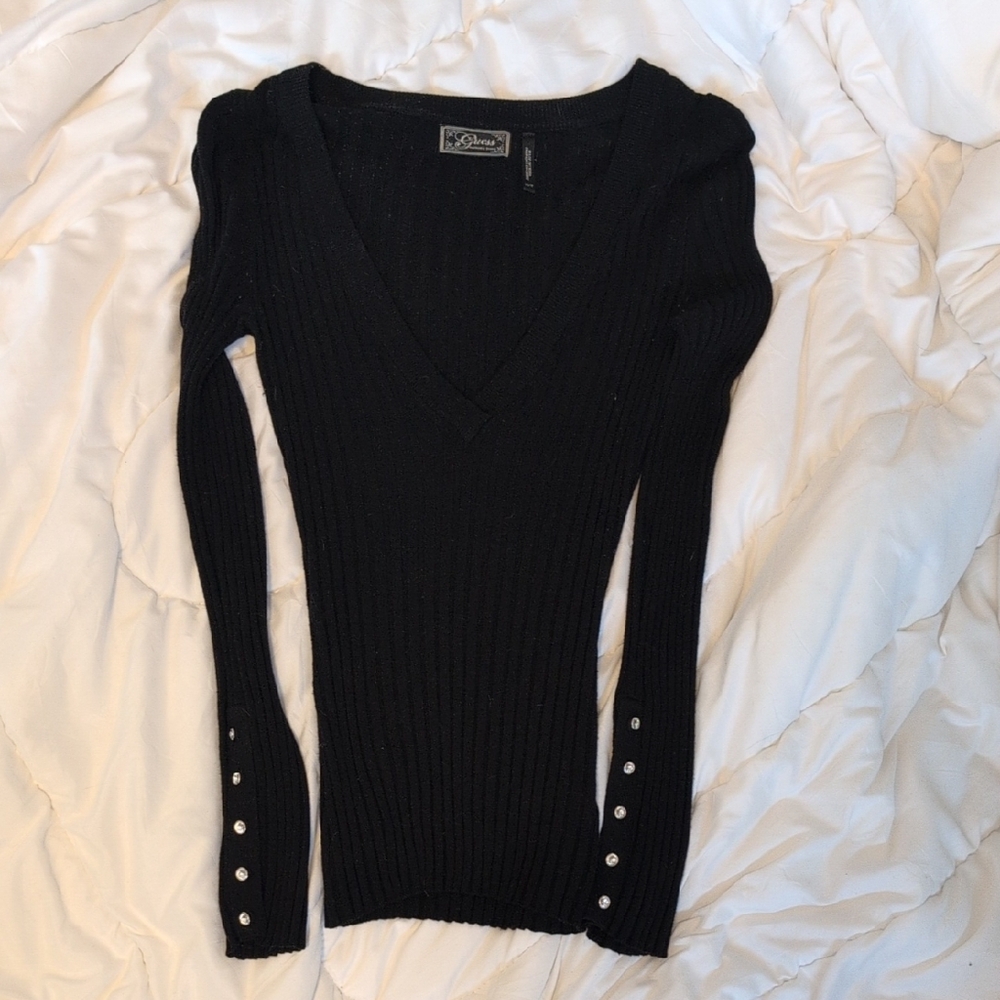 Guess Black V-Neck Sweater with Knit Elegance